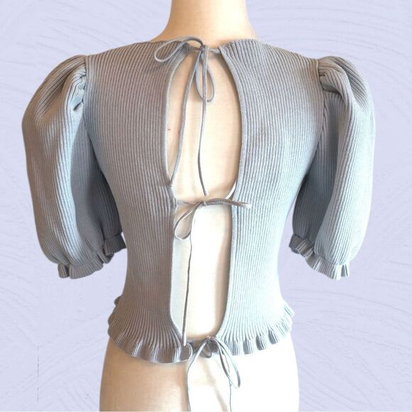 Zara baby blue cropped ribbed knit puff sleeve open back top - Picture 4 of 11